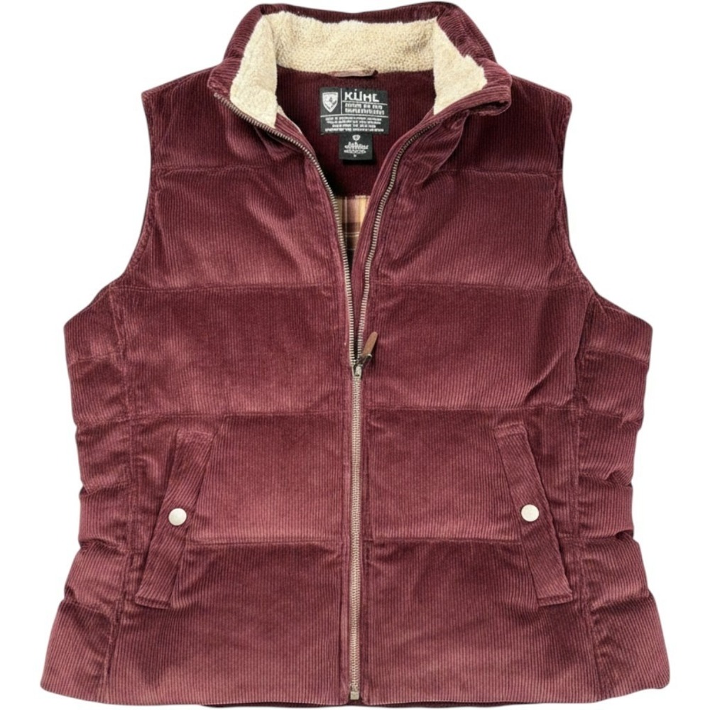 KUHL Corduroy Puffer Vest Womens L Burgundy Down Plaid Lining Excellent